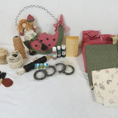 Craft Lot: Fabric, Hats, Metal Wire, Acrylic Paint, Wood