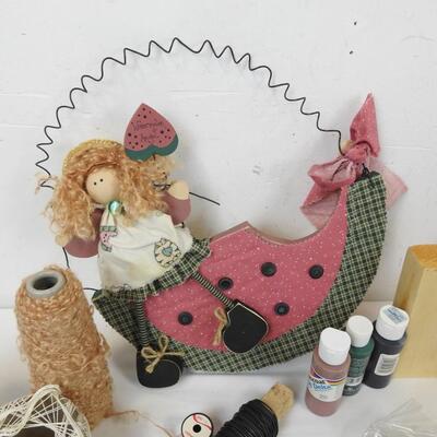 Craft Lot: Fabric, Hats, Metal Wire, Acrylic Paint, Wood