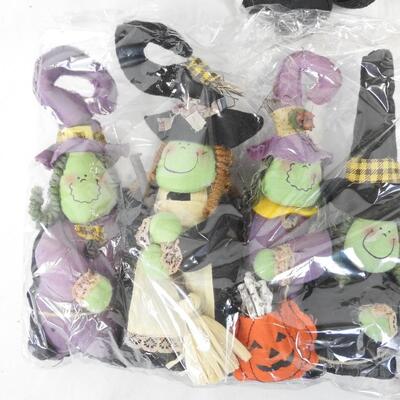 6 pc Halloween Decor: Ghost and Witch Family, Wooden Signs, Happy Harvest