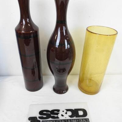 3 Large Vases, Brown, 20" Tall, Ceramic, Glass