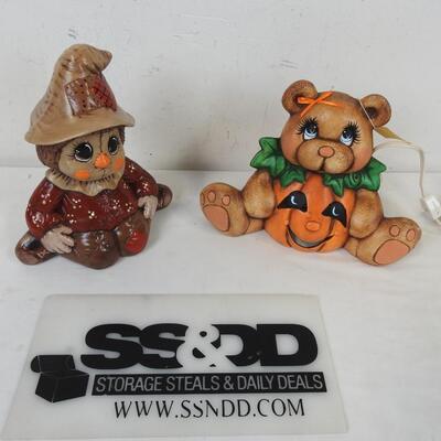 2 Fall Ceramic Decor Pieces, Pumpkin Bear Lights Up, Scarecrow