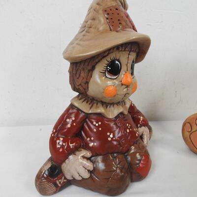 2 Fall Ceramic Decor Pieces, Pumpkin Bear Lights Up, Scarecrow