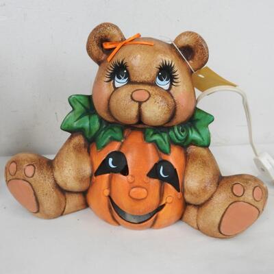 2 Fall Ceramic Decor Pieces, Pumpkin Bear Lights Up, Scarecrow