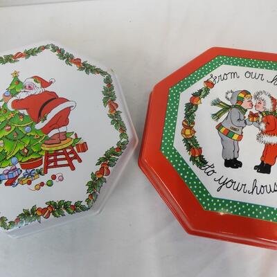 8 Christmas Tins, Some Vintage, Round, Hexagon, Red and Green