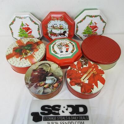 8 Christmas Tins, Some Vintage, Round, Hexagon, Red and Green