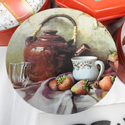 8 Christmas Tins, Some Vintage, Round, Hexagon, Red and Green