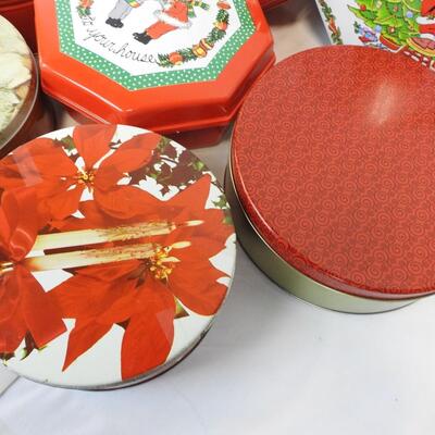8 Christmas Tins, Some Vintage, Round, Hexagon, Red and Green