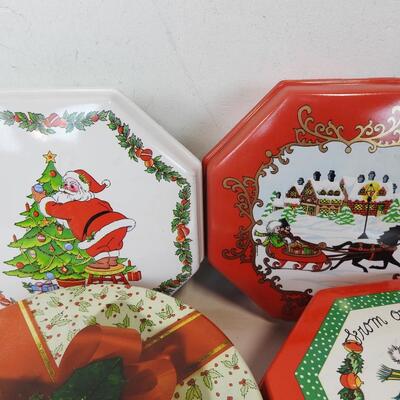 8 Christmas Tins, Some Vintage, Round, Hexagon, Red and Green