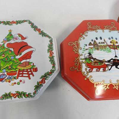 8 Christmas Tins, Some Vintage, Round, Hexagon, Red and Green