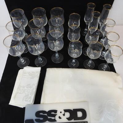 29 pc Kitchen: Gold Trimmed Goblets and Flutes, White Tablecloth, 8 Napkins