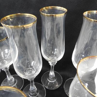 29 pc Kitchen: Gold Trimmed Goblets and Flutes, White Tablecloth, 8 Napkins