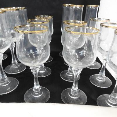 29 pc Kitchen: Gold Trimmed Goblets and Flutes, White Tablecloth, 8 Napkins