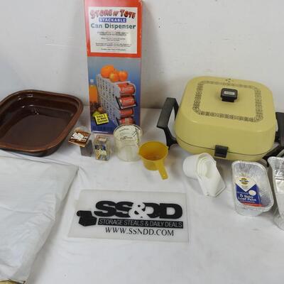 11 pc Kitchen Lot: EZ Foil, Store n' Tote Can Dispenser, Stoneware, Table Cloth