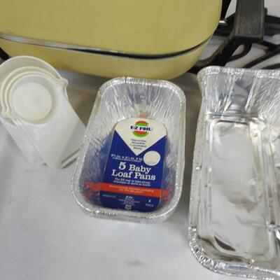 11 pc Kitchen Lot: EZ Foil, Store n' Tote Can Dispenser, Stoneware, Table Cloth