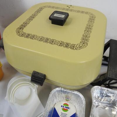 11 pc Kitchen Lot: EZ Foil, Store n' Tote Can Dispenser, Stoneware, Table Cloth