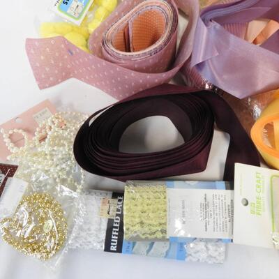 Craft Lot: Jointed Bears, Lace, Ribbon, Pom Poms