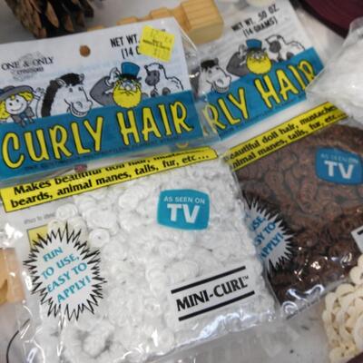 Craft Lot: Curly Hair, Ribbon, Hats, Pinecones, Assorted Wood