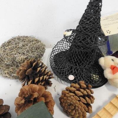 Craft Lot: Curly Hair, Ribbon, Hats, Pinecones, Assorted Wood