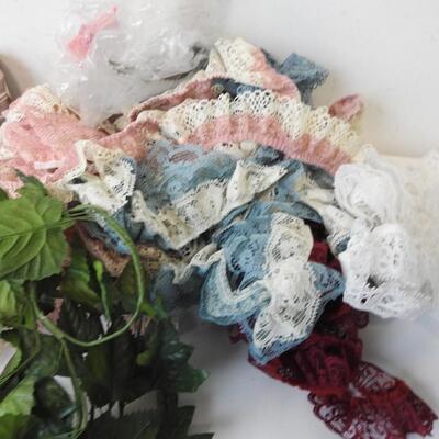 Craft Lot: Curly Hair, Ribbon, Hats, Pinecones, Assorted Wood