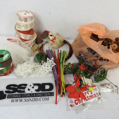 Holiday Craft Lot: Pinecones, Ribbon, Bear, Ornaments, Garland
