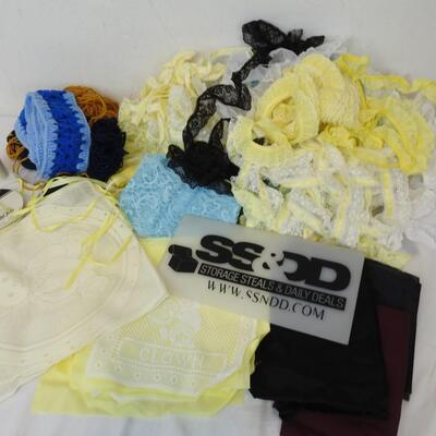 Craft Lot: Lace, Yarn, Bear Lace Panels, Fabric