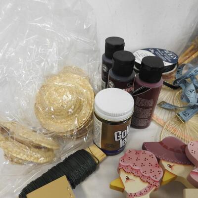 Craft Lot: Floral, Wooden Ducks, Acrylic Paints, Hats, Ribbon, Baskets