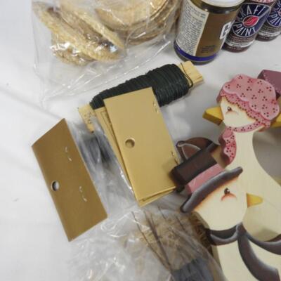 Craft Lot: Floral, Wooden Ducks, Acrylic Paints, Hats, Ribbon, Baskets