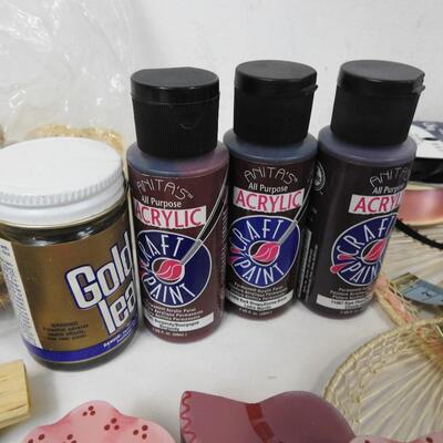 Craft Lot: Floral, Wooden Ducks, Acrylic Paints, Hats, Ribbon, Baskets