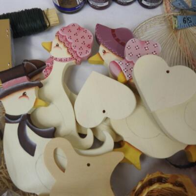 Craft Lot: Floral, Wooden Ducks, Acrylic Paints, Hats, Ribbon, Baskets
