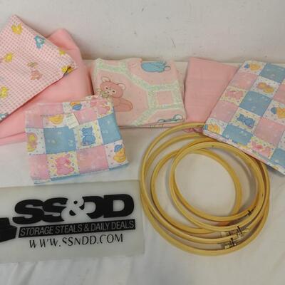 Lot of Fabric and Material, Sewing Hoops, Care Bears, Pink and Blue Bear Fabric
