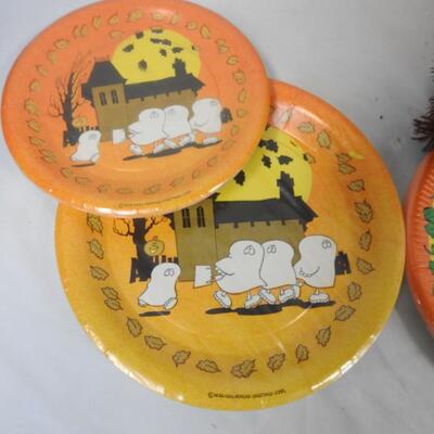 12 pc Halloween Lot: Paper Plates and Goods, Pumpkin and Birdhouse Decor