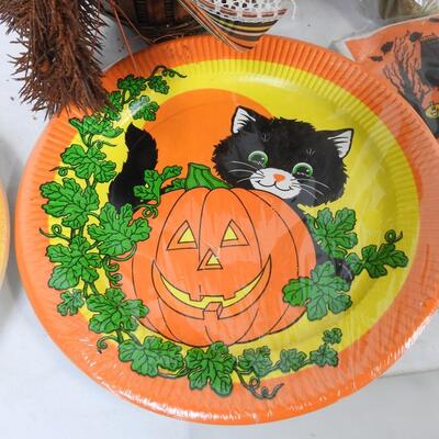 12 pc Halloween Lot: Paper Plates and Goods, Pumpkin and Birdhouse Decor