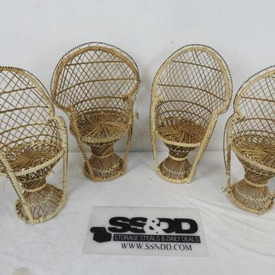 4 Small Wicker Doll Chairs, 1 Has Some Damage