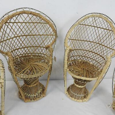 4 Small Wicker Doll Chairs, 1 Has Some Damage