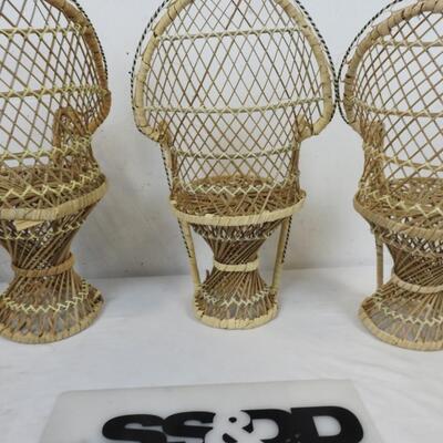 4 Small Wicker Doll Chairs, 1 Has Some Damage