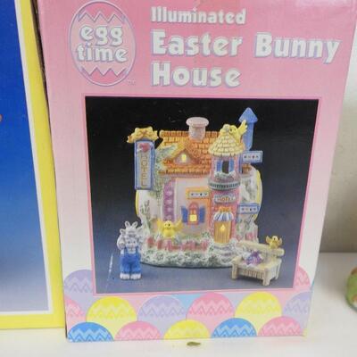 14 pc Easter Village, Hand Painted Porcelain Shoe Houses and Bunnies