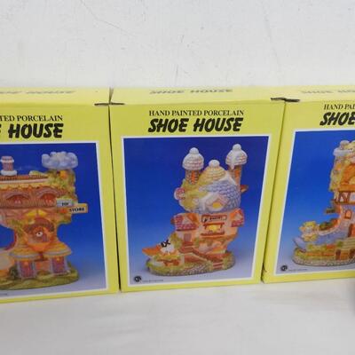14 pc Easter Village, Hand Painted Porcelain Shoe Houses and Bunnies
