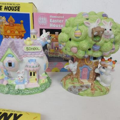 14 pc Easter Village, Hand Painted Porcelain Shoe Houses and Bunnies