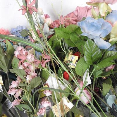 Faux Flowers,  large lot: assorted styles/colors: mauves, turquoise, peach, etc