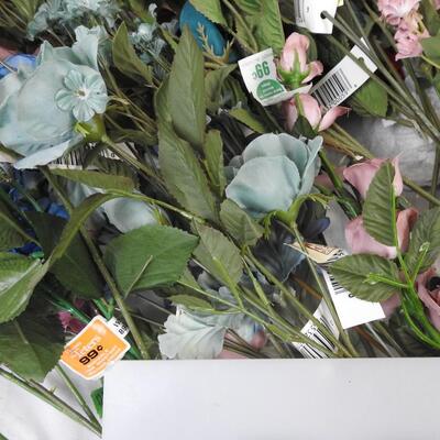 Faux Flowers,  large lot: assorted styles/colors: mauves, turquoise, peach, etc