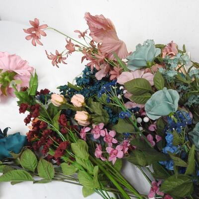Faux Flowers,  large lot: assorted styles/colors: mauves, turquoise, peach, etc