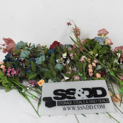 Faux Flowers,  large lot: assorted styles/colors: mauves, turquoise, peach, etc