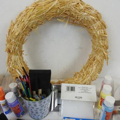 Craft lot: 15+ pcs, rubber stamps, straw wreath, paint, brushes, gorilla glue