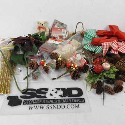 Christmas craft: bows, picks, pinecones, bears, stickers, pipe cleaners, sleds