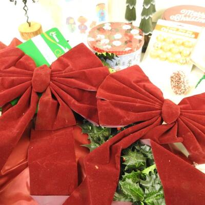 Christmas lot: 3 tree skirts, trees, nativity kit, tins, garland, door hanger