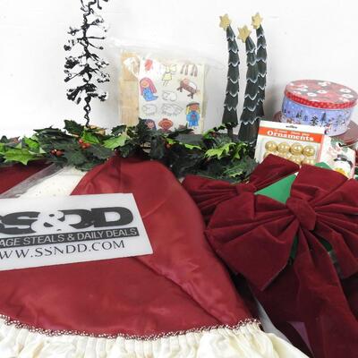 Christmas lot: 3 tree skirts, trees, nativity kit, tins, garland, door hanger