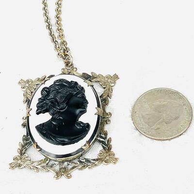VINTAGE CLASSIC GREEK GODDESS PROFILE BLACK GLASS CAMEO MILK GLASS BASE METAL FRAME