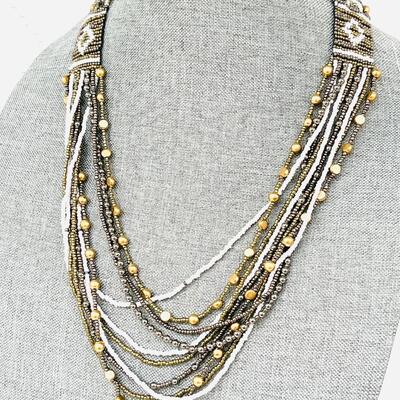 MULTI STRAND BEADED NECKLACE IN GOLD BRONZE & WHITE CONTEMPORARY NATIVE AMERICAN STYLE
