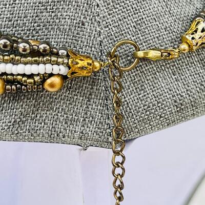 MULTI STRAND BEADED NECKLACE IN GOLD BRONZE & WHITE CONTEMPORARY NATIVE AMERICAN STYLE