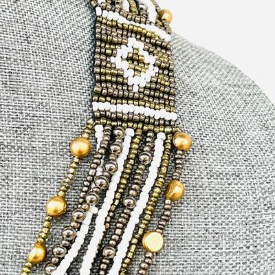 MULTI STRAND BEADED NECKLACE IN GOLD BRONZE & WHITE CONTEMPORARY NATIVE AMERICAN STYLE